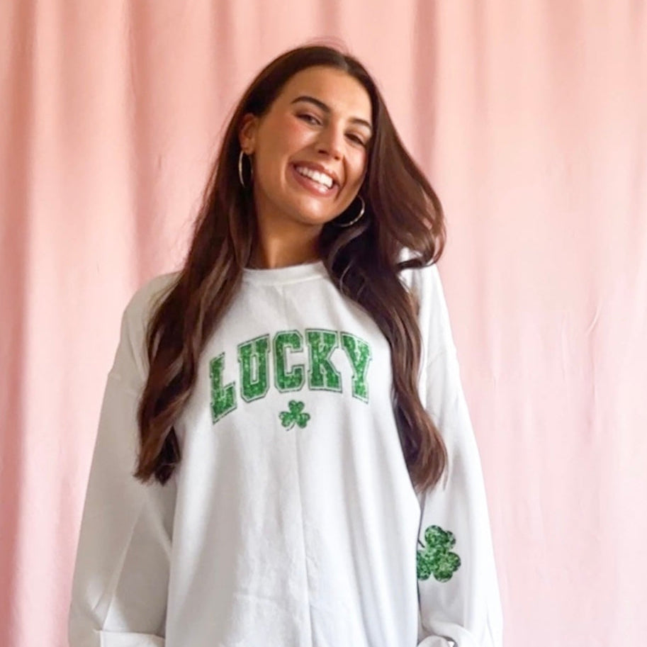 St Patrick's Day Women White Sweatshirt Sparkle Graphic Oversized Sweater