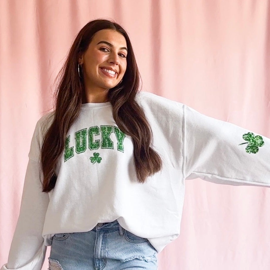 women st patricks day lucky sweatshirt shamrock sparkling sweatshirt oversized st pattys day parade sweatshirt girls cute st pattys day apparel st patricks day sweatshirt white oversized sparkles