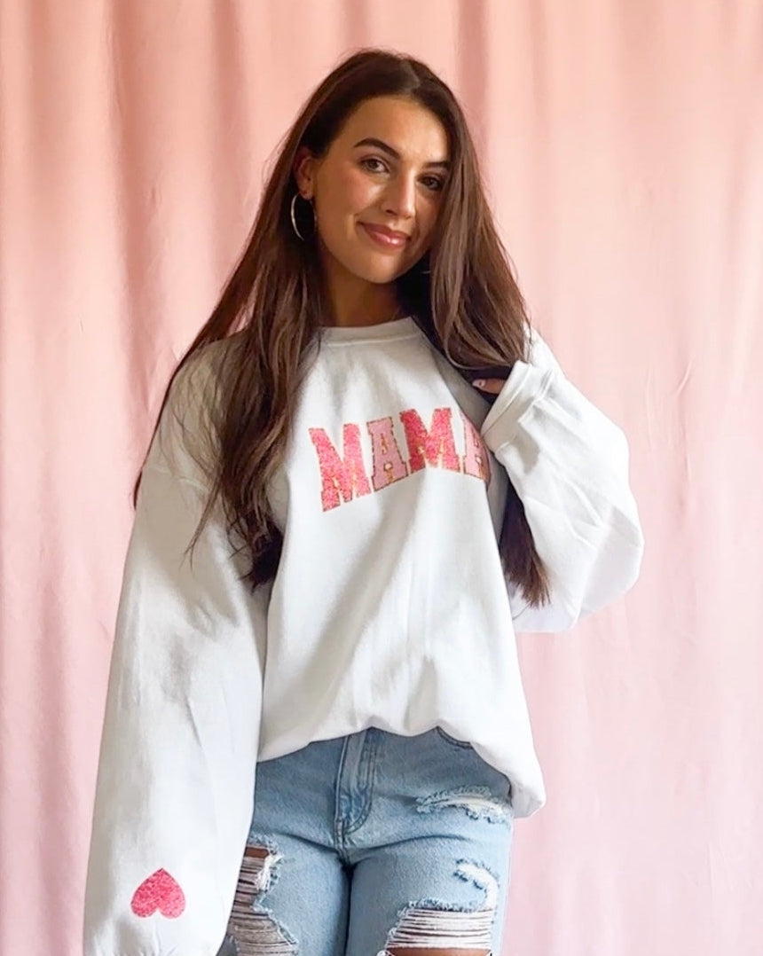 mama pink glitter sweatshirt, mom crewneck sweater, cute mama shirt, pink mom sweatshirt, glitter mama sweater, unisex mom crewneck, trendy mom apparel, heart sleeve sweatshirt