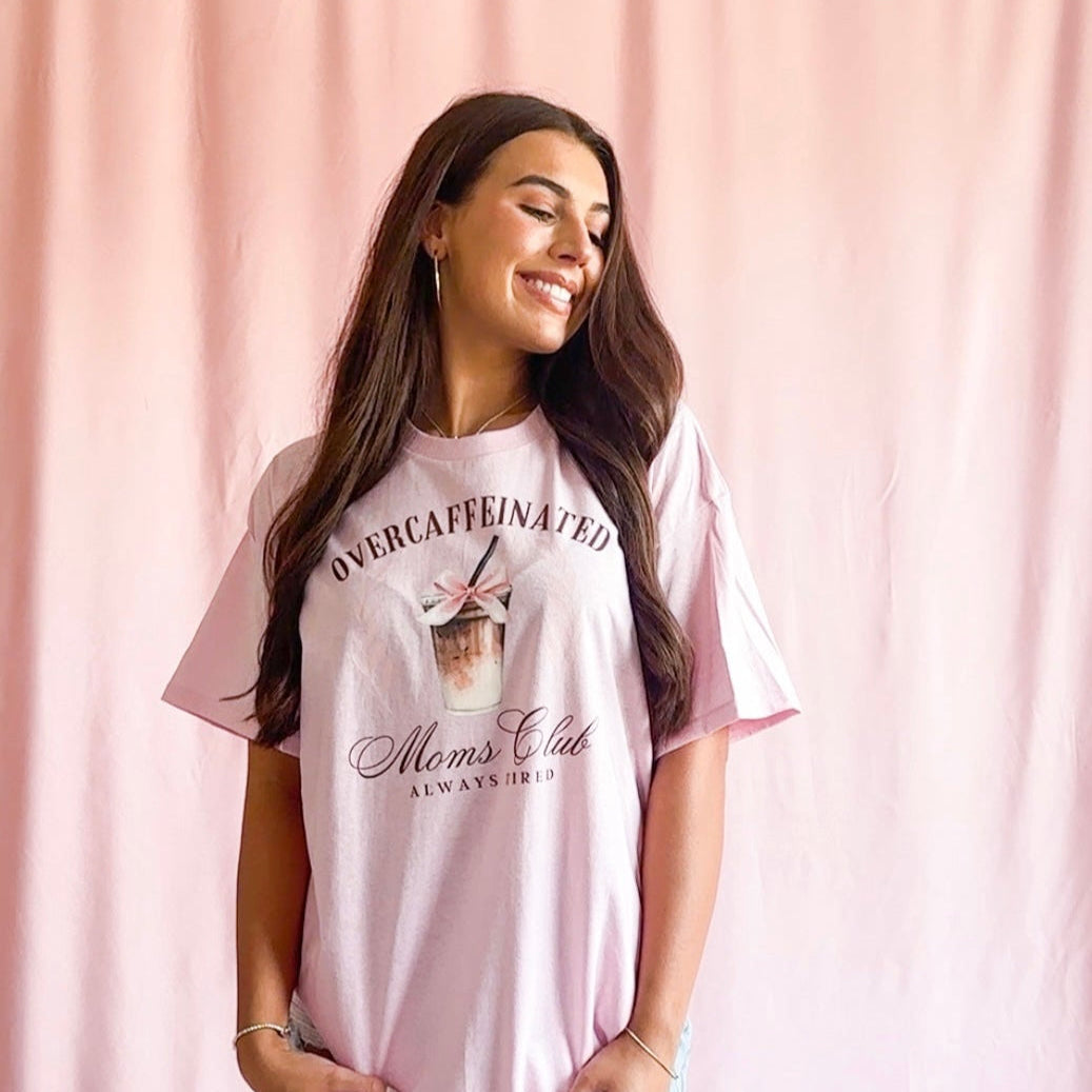 over caffeinated mom club shirt, funny mom coffee shirt, pink mom t-shirt, mom life shirt, coffee mom tee, unisex mom shirt, trendy mom shirt, caffeine mom shirt