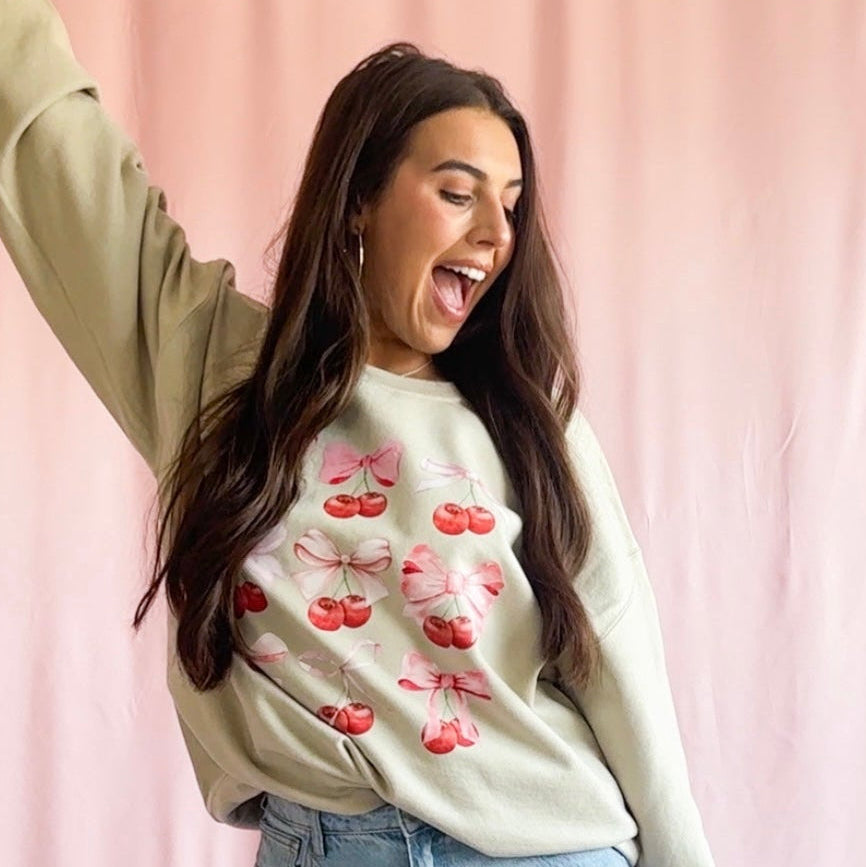 Cherry Coquette Bow Sweatshirt – Unisex Aesthetic Graphic Crewneck