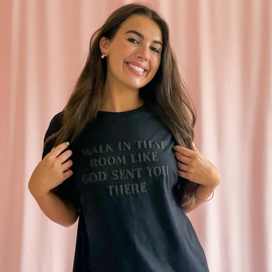 walk like god sent you shirt, christian puff print shirt, black faith t-shirt, inspirational quote shirt, unisex christian tee, puff vinyl shirt, motivational graphic tee, minimalist faith shirt