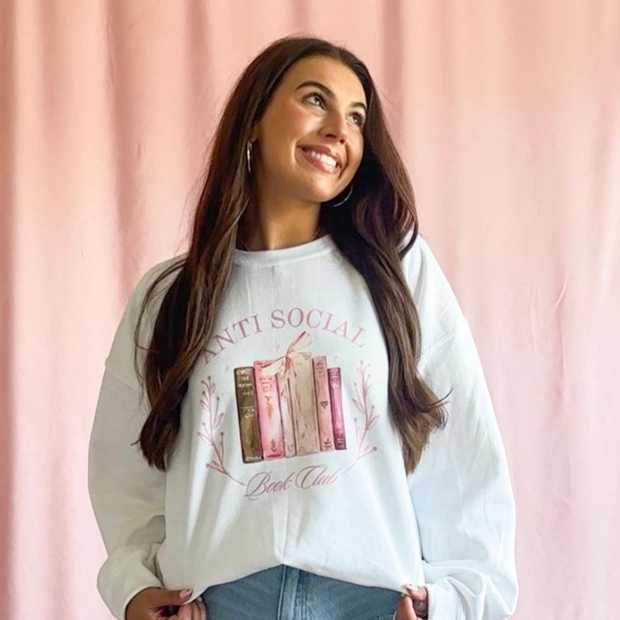 Antisocial Book Club White Sweatshirt – Unisex Cozy Reader Graphic Crewneck