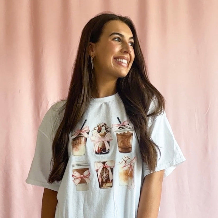 Coquette Coffee T-Shirt – Unisex Bow Aesthetic Tee with Iced Coffee & Latte Graphics