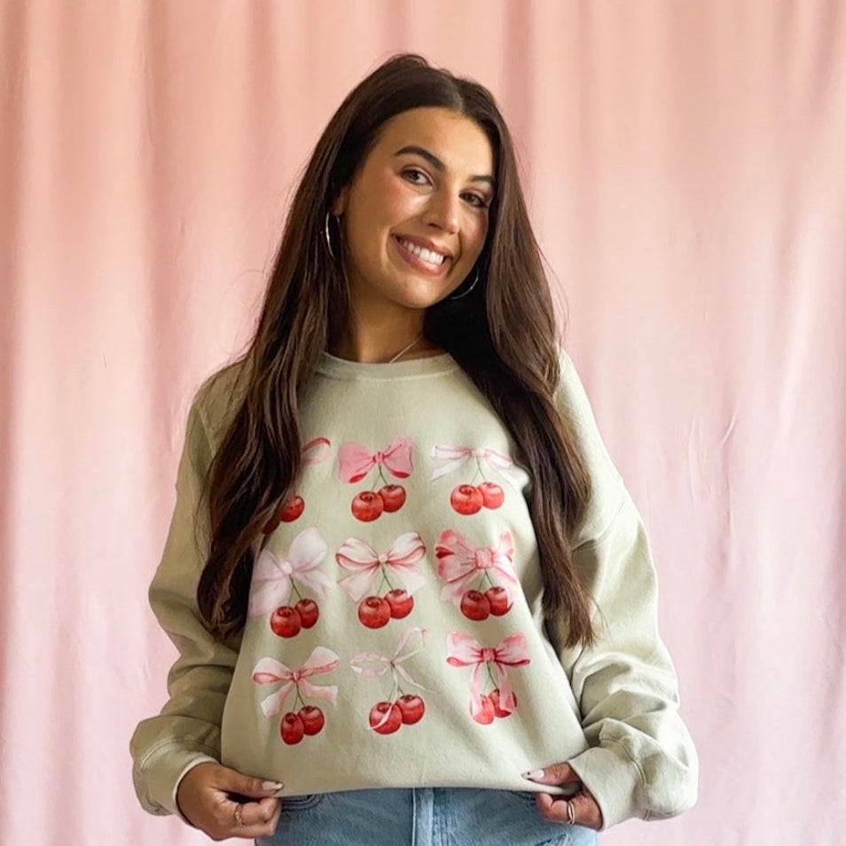 cherry coquette sweatshirt, bow aesthetic crewneck, cute cherry sweater, coquette style sweatshirt, girly aesthetic sweater, unisex graphic sweatshirt, cherry bow shirt, trendy cozy sweatshirt