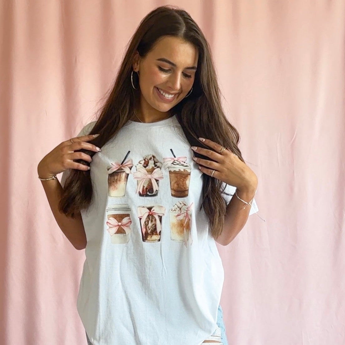 coquette coffee shirt, bow aesthetic t-shirt, coffee lover shirt, iced coffee tee, latte graphic shirt, girly aesthetic shirt, cute coffee shirt, unisex trendy tee